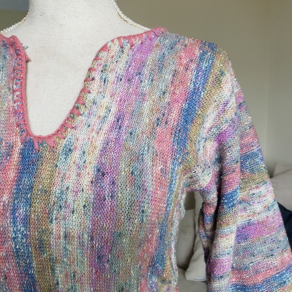 Vintage 70s Foxmoor Knit Colorful Stripe Tie Back Top - Picture 2 of 8